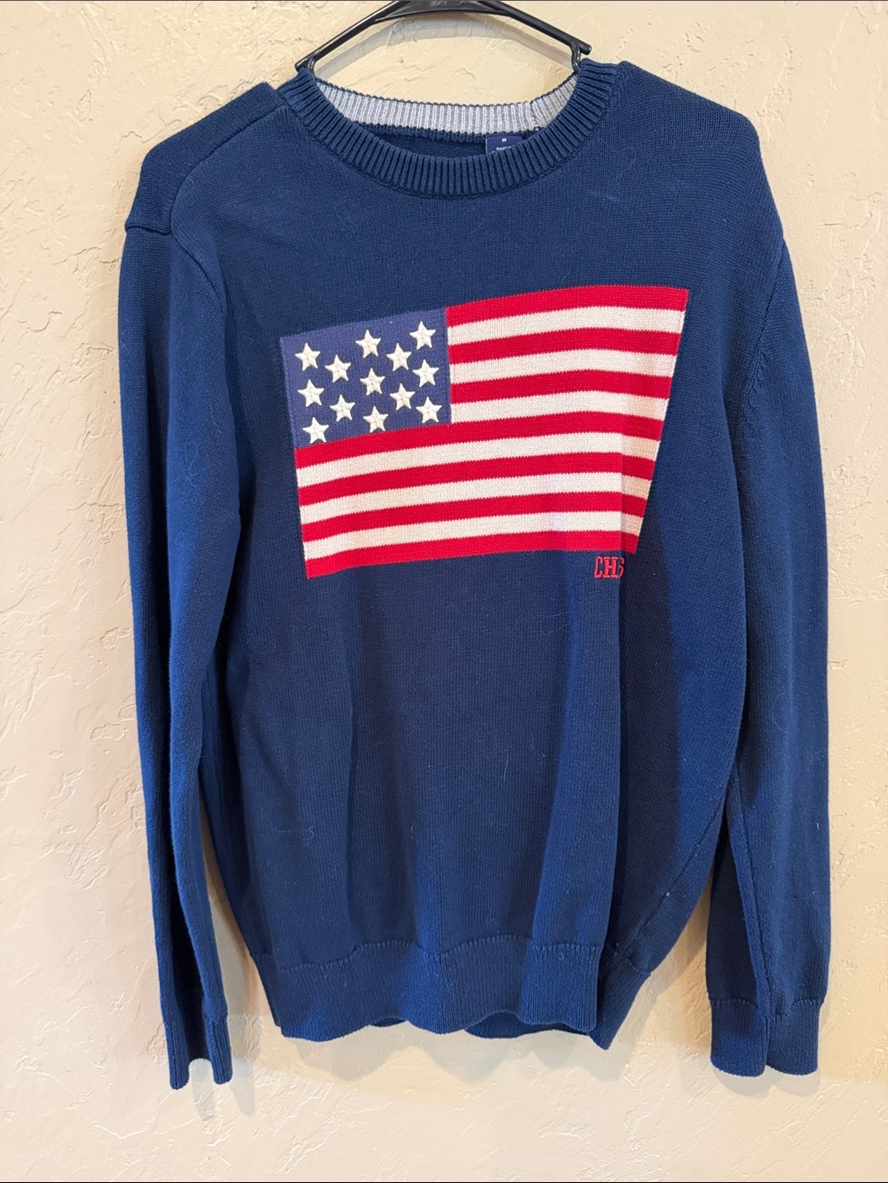 Chaps Navy Crewneck USA Sweater with Red, White & Blue Flag Graphic
